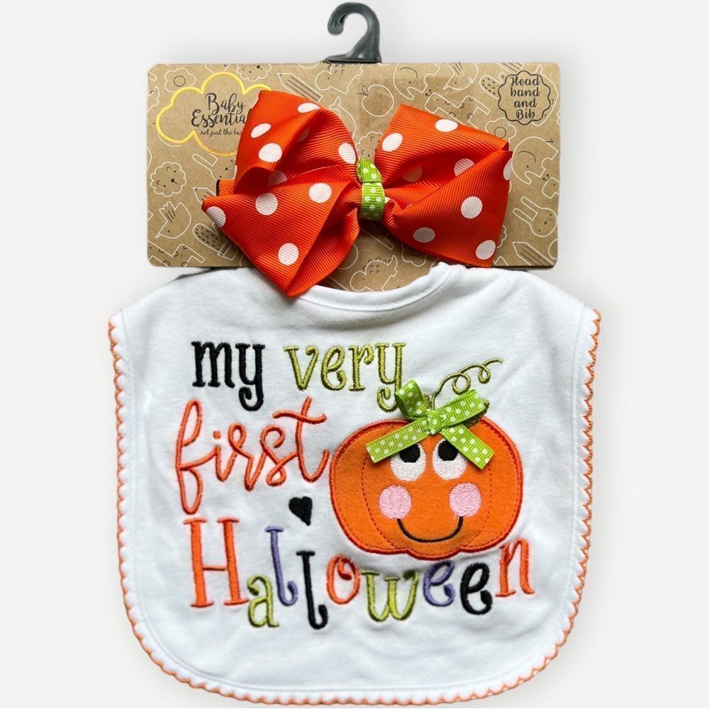 Baby Essentials Girls My First Halloween Bib & Headband. 0-6 Months. NEW.